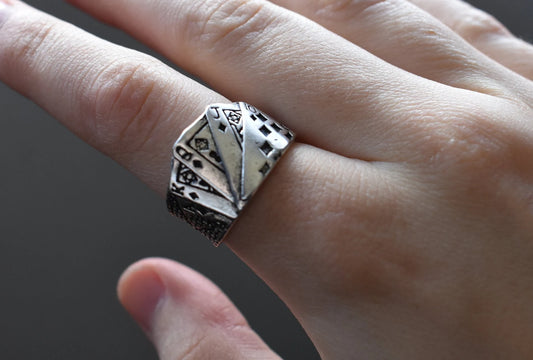 Silver ring with playing cards design, adjustable rings, unisex jewellery